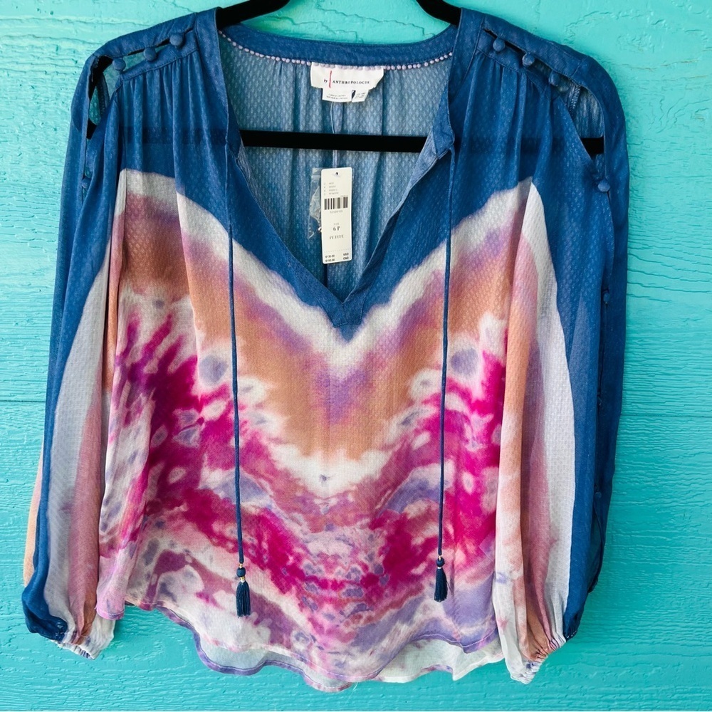 ANTHROPOLOGIE REED FLOWY BOHO SHEER WATERCOLOR LS TUNIC TOP SIZE SMALL NWT